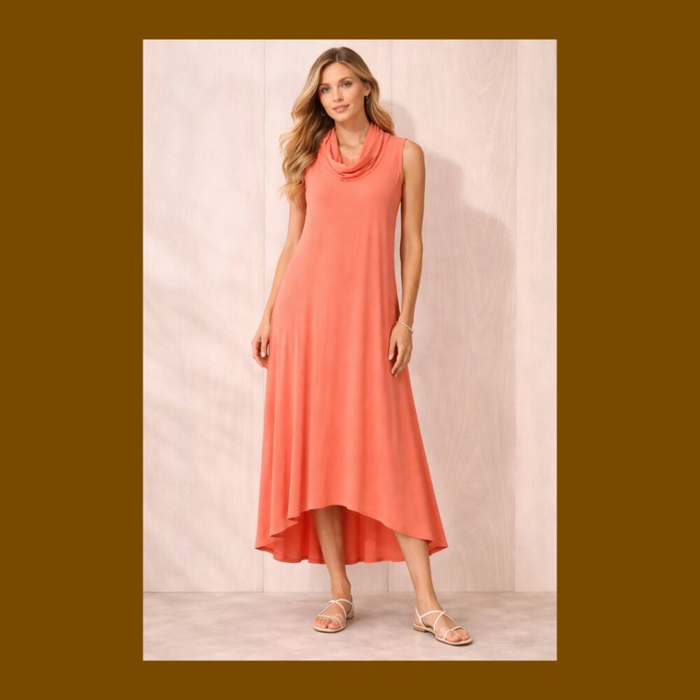 Soft Surroundings Coral Midi Dress 1X Sleeveless Cowl Neck Hi-Low Hem Flowy